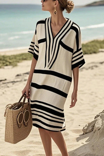 JO | Fashion Striped print V-neck Loose midi dress for vacation