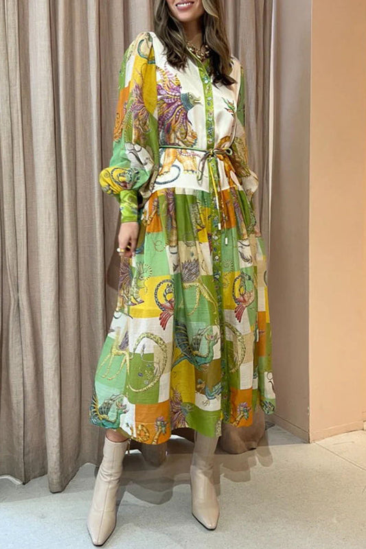 JO | Dragon Family Printed Balloon Sleeves Lightweight Shirt Midi Dress