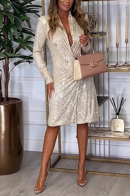 JO | Luxe Feeling Sequin Button Up Long Sleeve Blazer Midi Dress