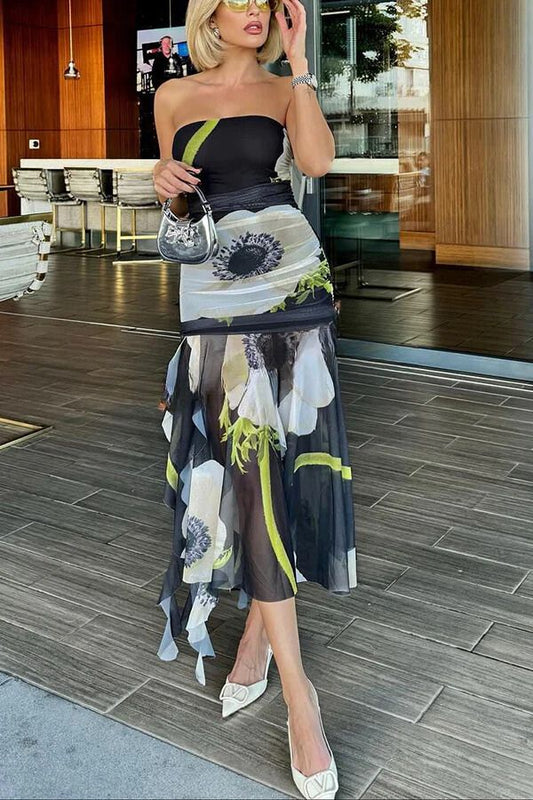 JO | Raquel Mesh Overlay Floral Print Shoulderless Ruched Ruffled Stretch Midi Dress