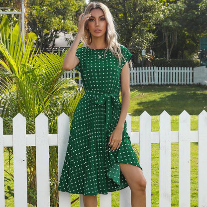 JO | Summer Women Polka Dot Short Sleeve Dress Casual Bandage Party Pleated Midi Dresses Elegant Green Office Lady Clothes