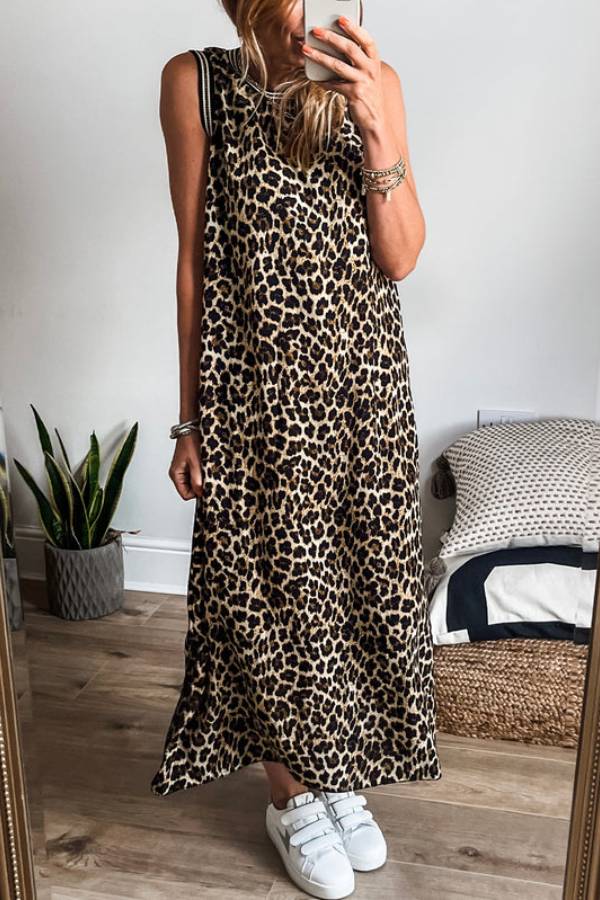 JO | Black contrast striped leopard print sleeveless midi dress