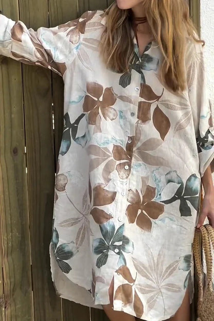JO | Botanical Print Long-sleeved, single-breasted, loose midi dress with pockets