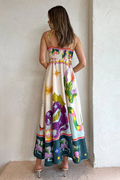 JO | Feel Effortlessly Linen Blend Unique Print Smocked Back Midi Dress