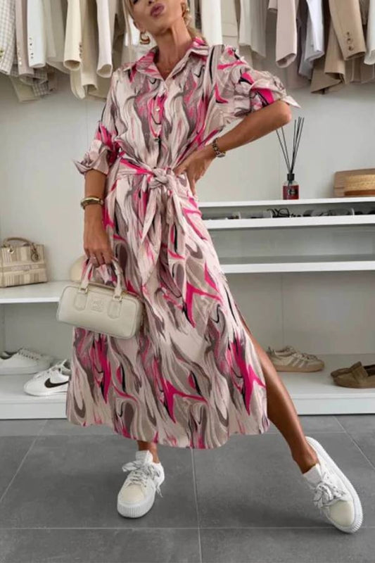 JO | Elegant Ease Satin Printed Midi Dress with Waist