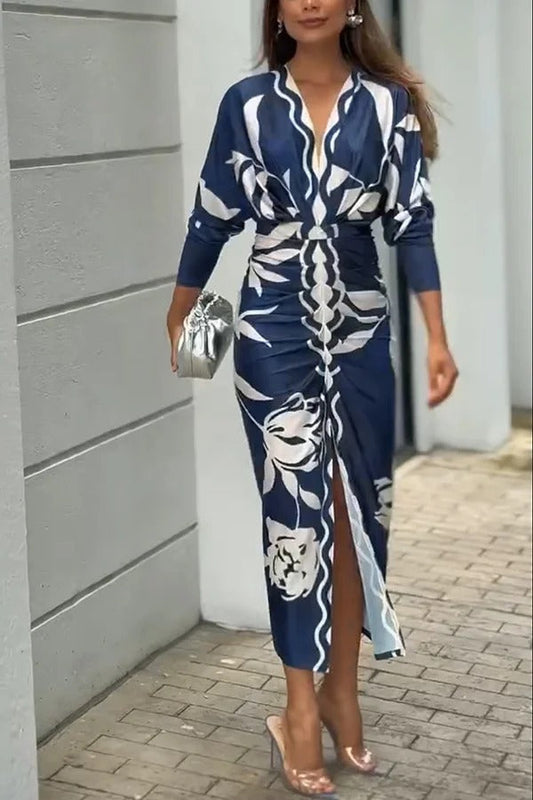 JO | Caliana Unique Print Dolman Long Sleeve Ruffled Slit Midi Dress