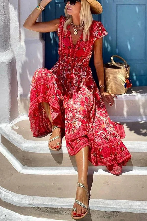 JO | Summer in Greece Boho Print Ruffle Sleeves Elastic Waist High-Low Midi Dress
