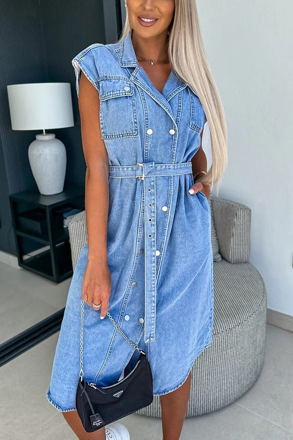 JO | Solid Color Casual Lapel Sleeveless Button Pocket Waist Tie Denim Midi Dress