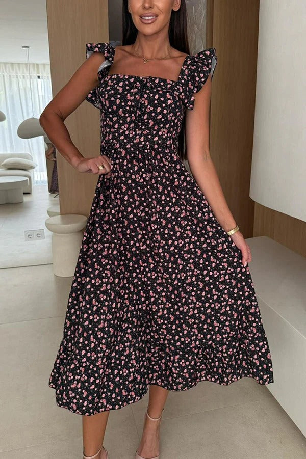 JO | Floral Print Square neckline Pleated back midi dress