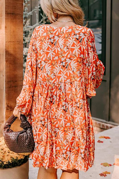 JO | Orange Floral Print Split V-Neck Bubble Sleeve Plus Size Midi Dress