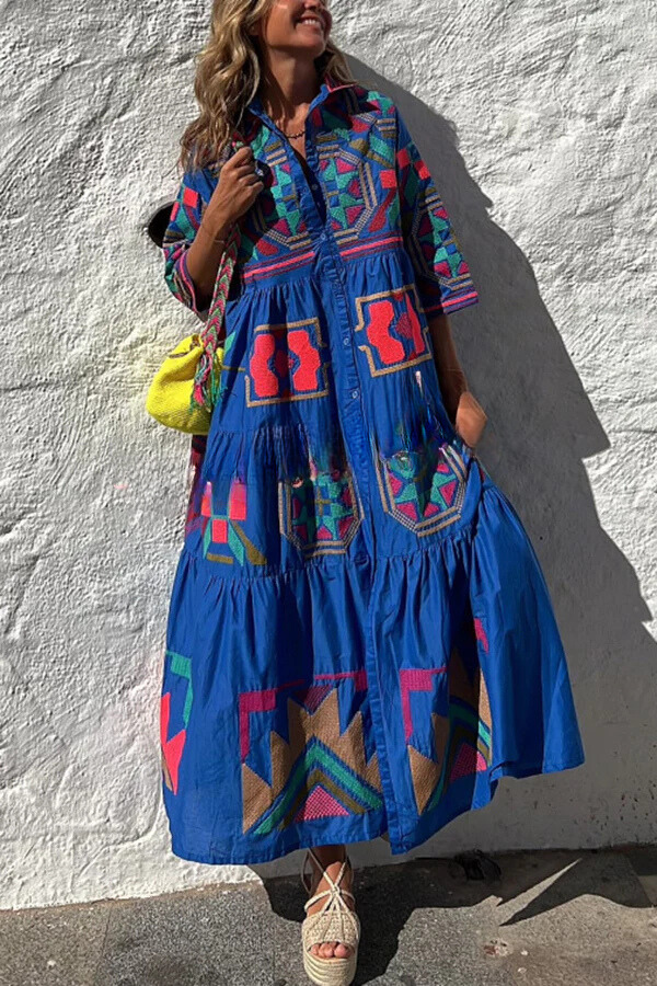 JO | Take Me To Cabo Ethnic Unique Print Button Loose Shirt Midi Dress