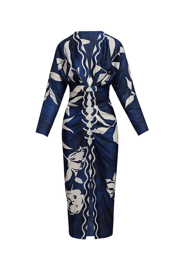 JO | Caliana Unique Print Dolman Long Sleeve Ruffled Slit Midi Dress