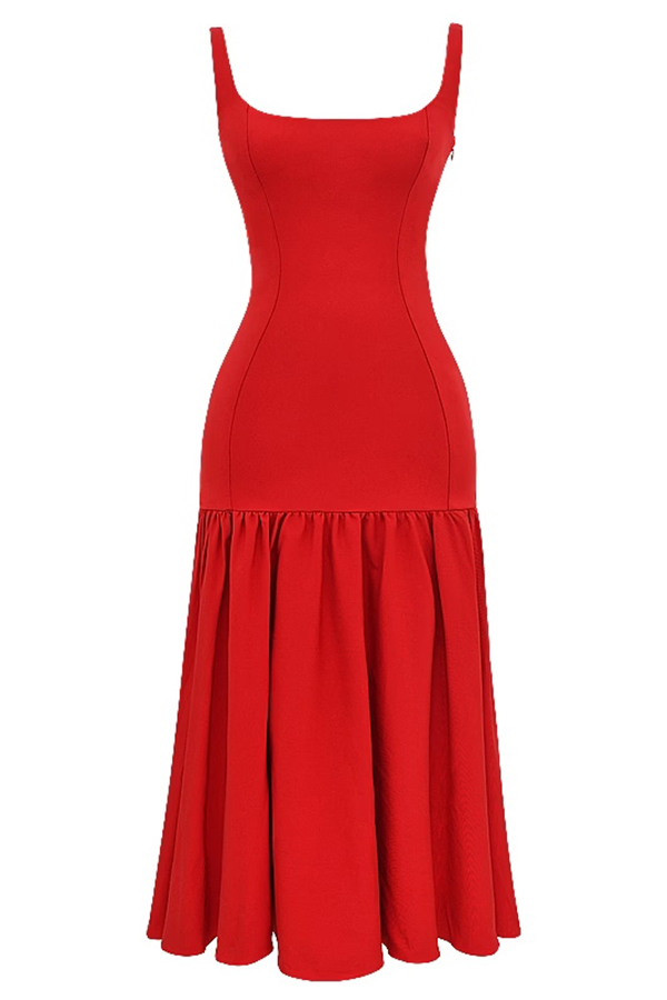 JO | Graceful Silhouette Square Neckline Wide Strap Drop Waist Midi Dress