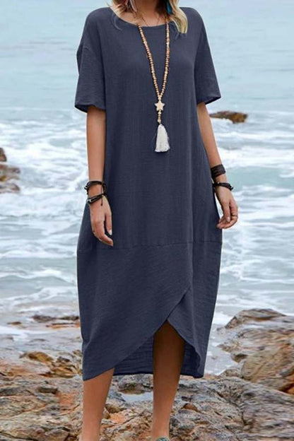 JO | Solid Color Cotton Linen Retro Round Neck Short Sleeve Midi Dress