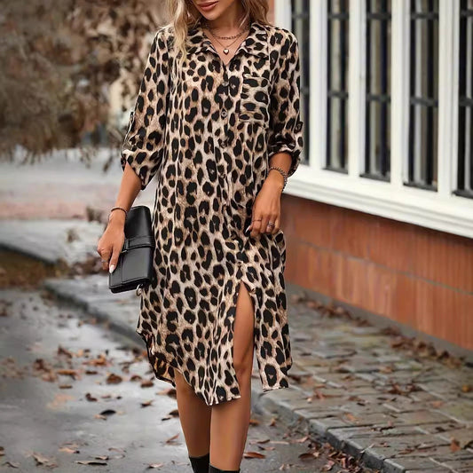 JO | LD leopard print beach cover-up V-neck bathrobe vacation bikini dress