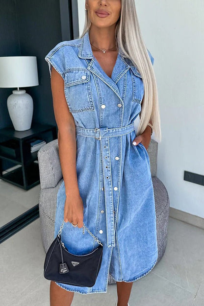 JO | Solid Color Casual Lapel Sleeveless Button Pocket Waist Tie Denim Midi Dress