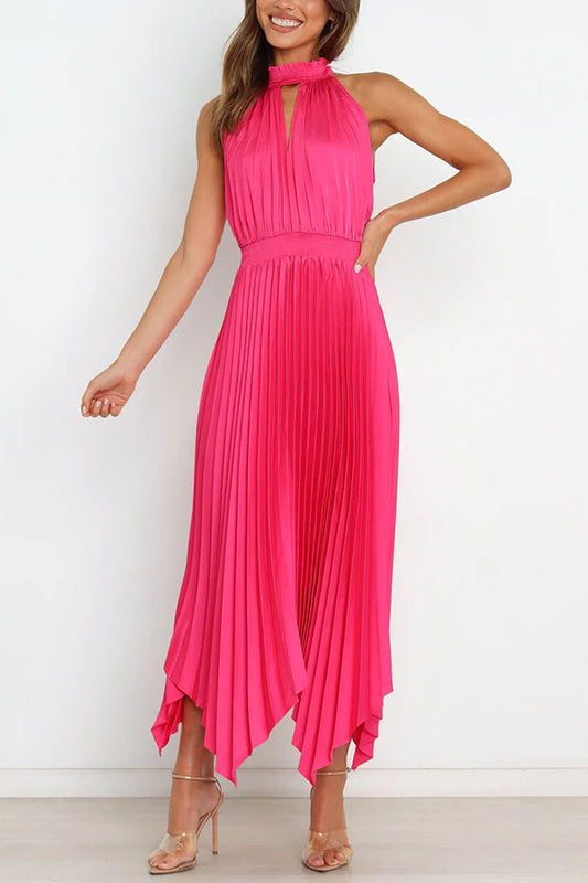 JO | Luxe Look Satin Pleated Halter Elastic Waist Midi Dress