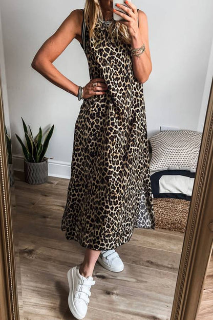 JO | Black contrast striped leopard print sleeveless midi dress