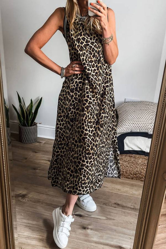 JO | Black contrast striped leopard print sleeveless midi dress