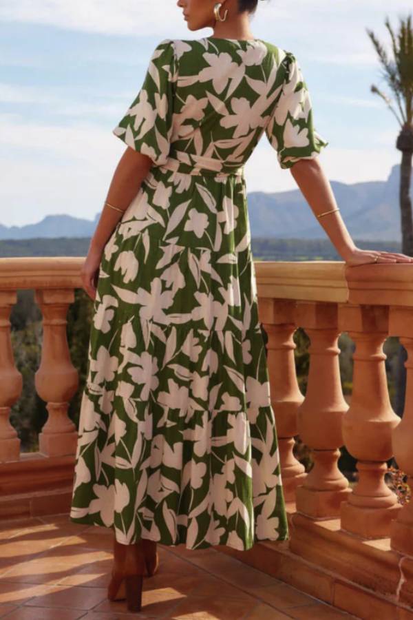 JO | V-neck Short sleeves Slit Printed midi dress