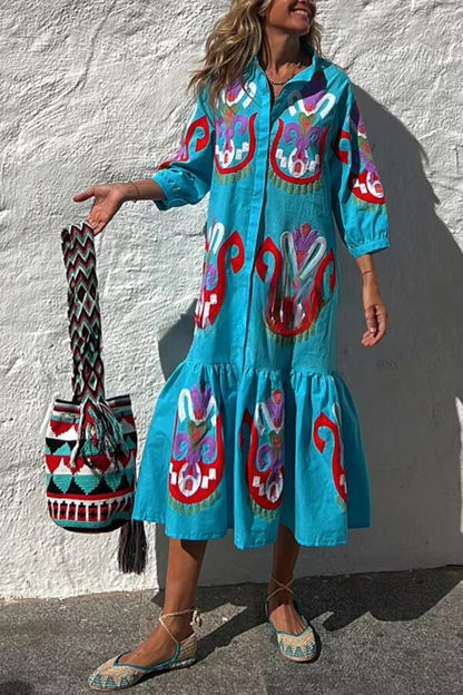 JO | Take Me To Cabo Ethnic Unique Print Button Loose Shirt Midi Dress