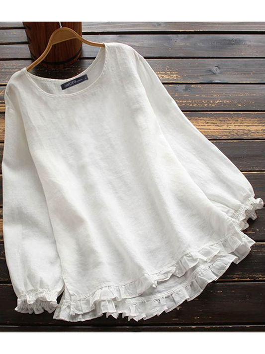 JO | O-Neck Solid Long Sleeve Ruffle Linen Tops