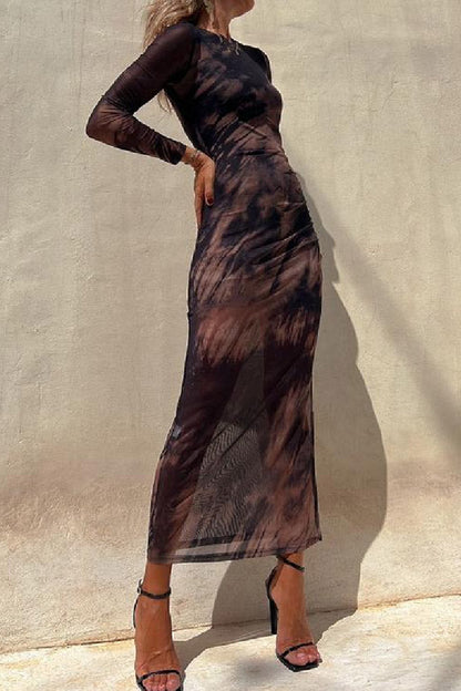 JO | Charm Lady Mesh Overlay Tie Dye Print Long Sleeve Ruffled Stretch Midi Dress
