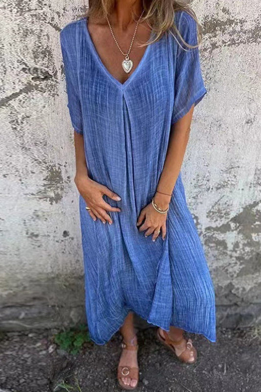 JO | V-neck loose fit cotton linen midi dress