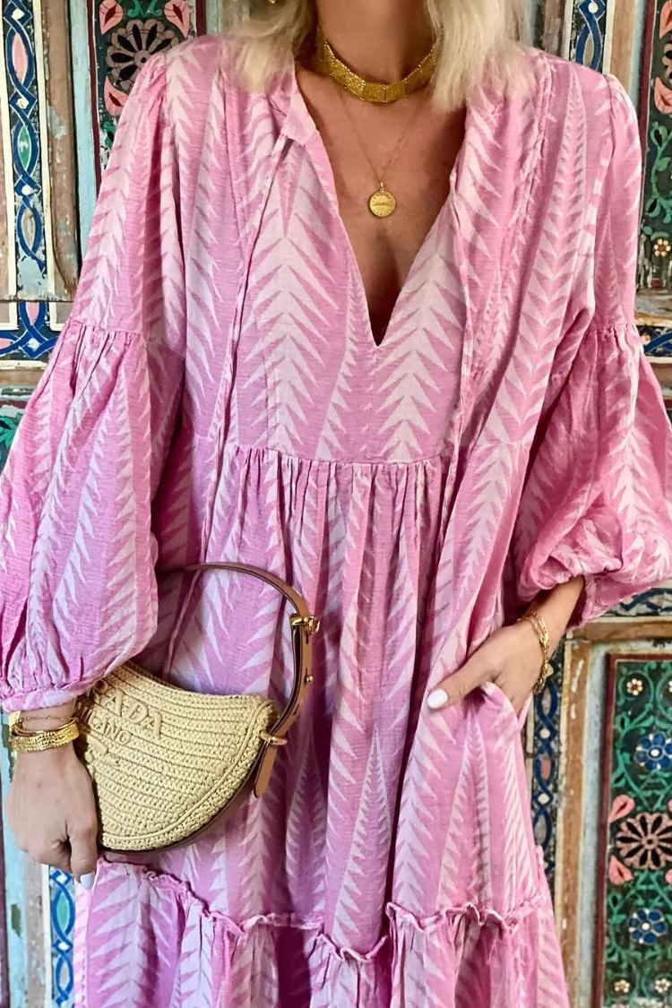 JO | Marrakech Stories Linen blend printed midi dress with balloon sleeves and A-line pockets