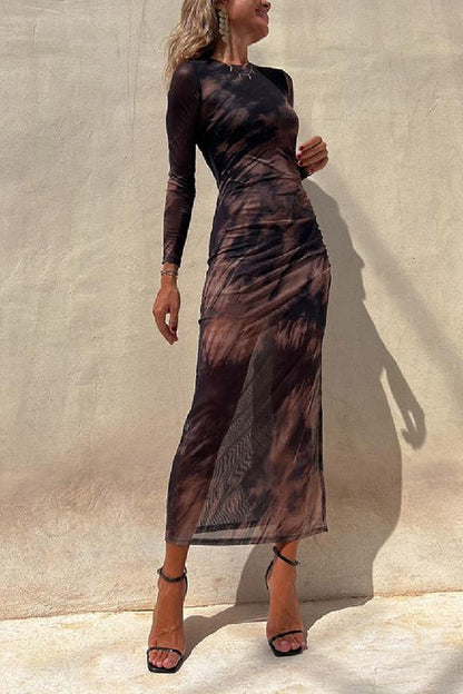 JO | Charm Lady Mesh Overlay Tie Dye Print Long Sleeve Ruffled Stretch Midi Dress
