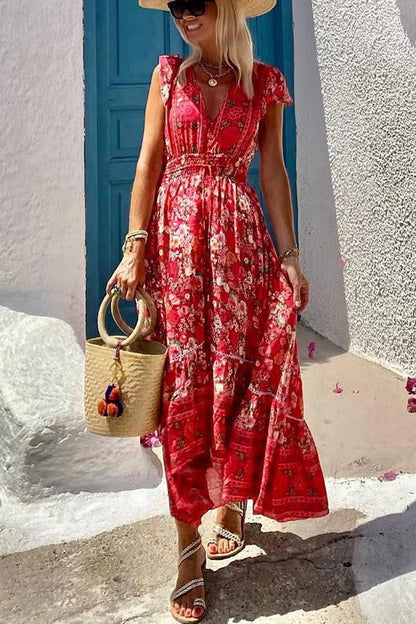JO | Summer in Greece Boho Print Ruffle Sleeves Elastic Waist High-Low Midi Dress