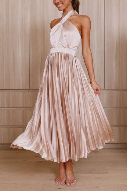 JO | Beaming Smile satin halterneck pleated midi dress