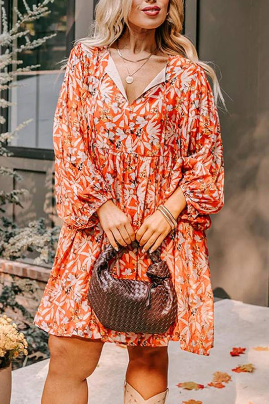JO | Orange Floral Print Split V-Neck Bubble Sleeve Plus Size Midi Dress