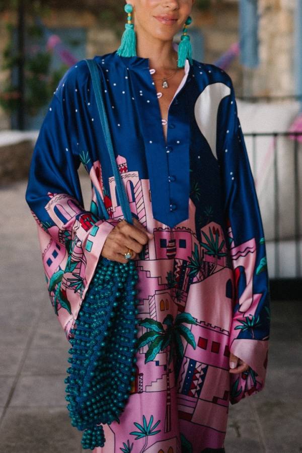 JO | Seaside Stroll Satin Unique Print Button Up Long Sleeve Slit Kaftan Midi Dress