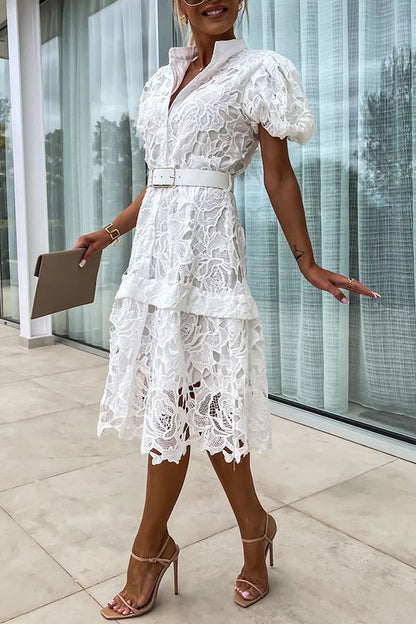 JO | Absolutely Elegant Floral Crochet Lace Puff Sleeve Belted Shirt Midi Dress