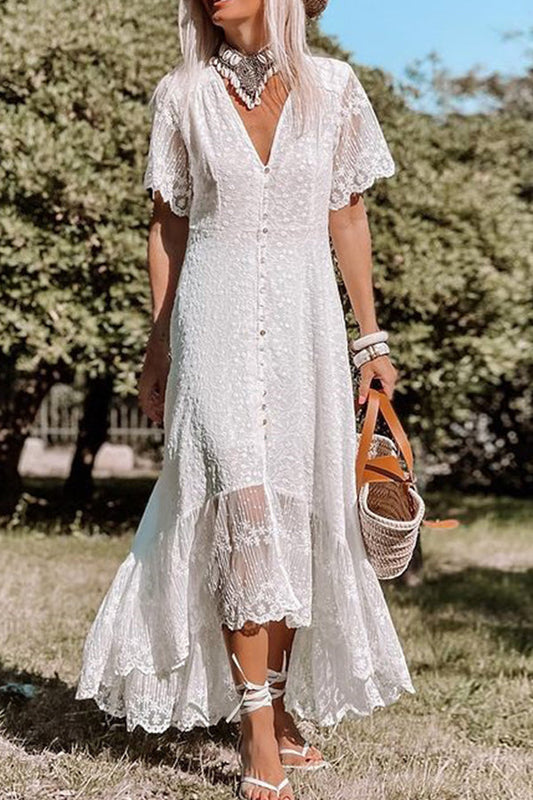 JO | V-neck slim dress floral lace midi dress