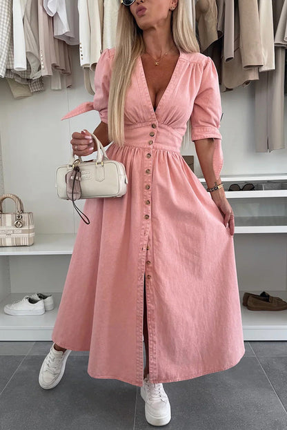 JO | Solid color V-neck button-down denim midi dress