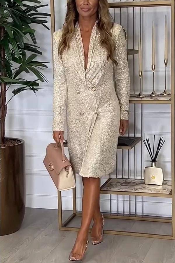 JO | Luxe Feeling Sequin Button Up Long Sleeve Blazer Midi Dress