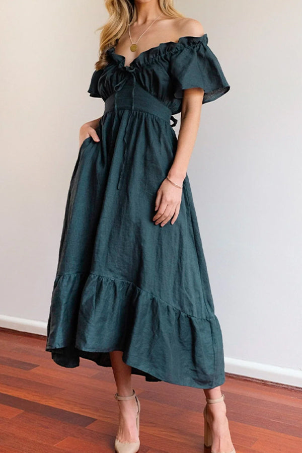 JO | RUCHED HEM OFF-THE-SHOULDER MIDI DRESS