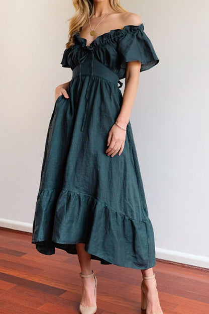 JO | RUCHED HEM OFF-THE-SHOULDER MIDI DRESS