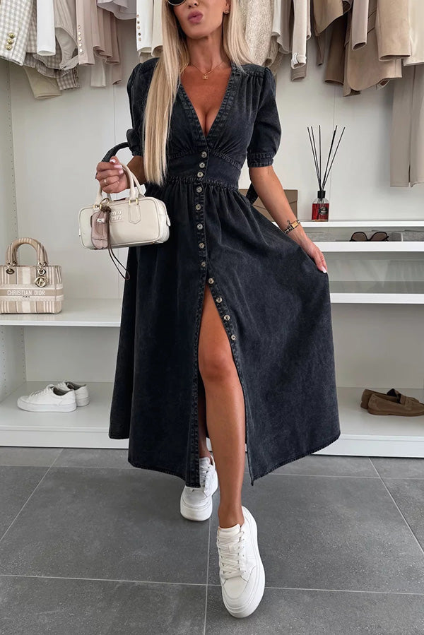 JO | Solid color V-neck button-down denim midi dress