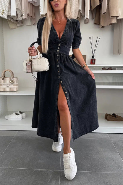 JO | Solid color V-neck button-down denim midi dress