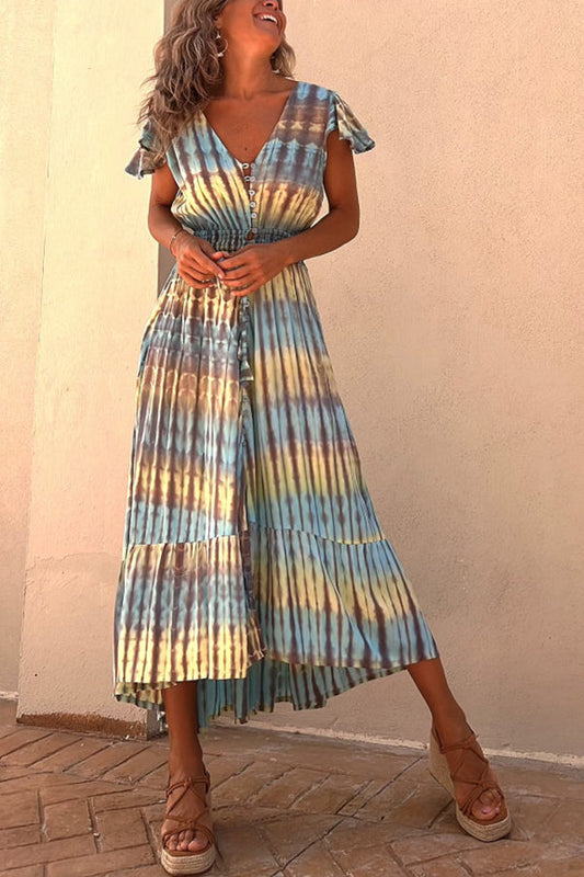 JO | Lorina Tie-dye Print Button Smocked Waist Backless Midi Dress