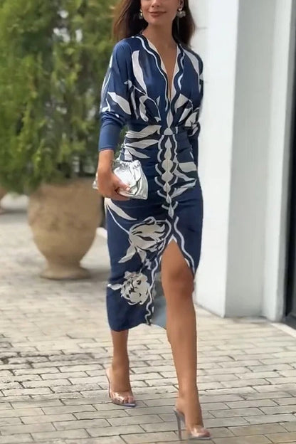 JO | Caliana Unique Print Dolman Long Sleeve Ruffled Slit Midi Dress