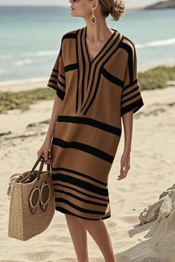 JO | Fashion Striped print V-neck Loose midi dress for vacation