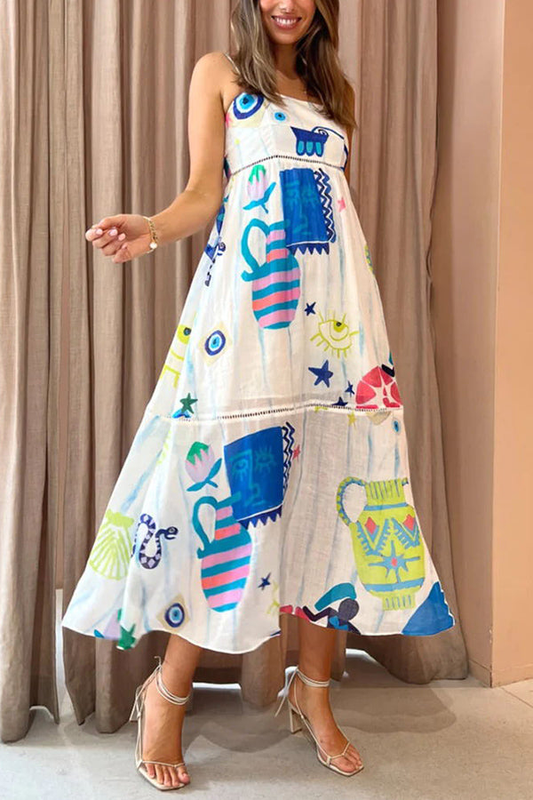 JO | She's The Fun Linen Blend Playful Print Ladder Trim Midi Dress