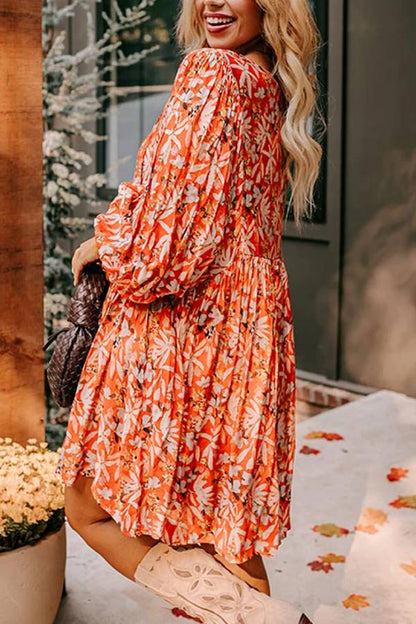 JO | Orange Floral Print Split V-Neck Bubble Sleeve Plus Size Midi Dress