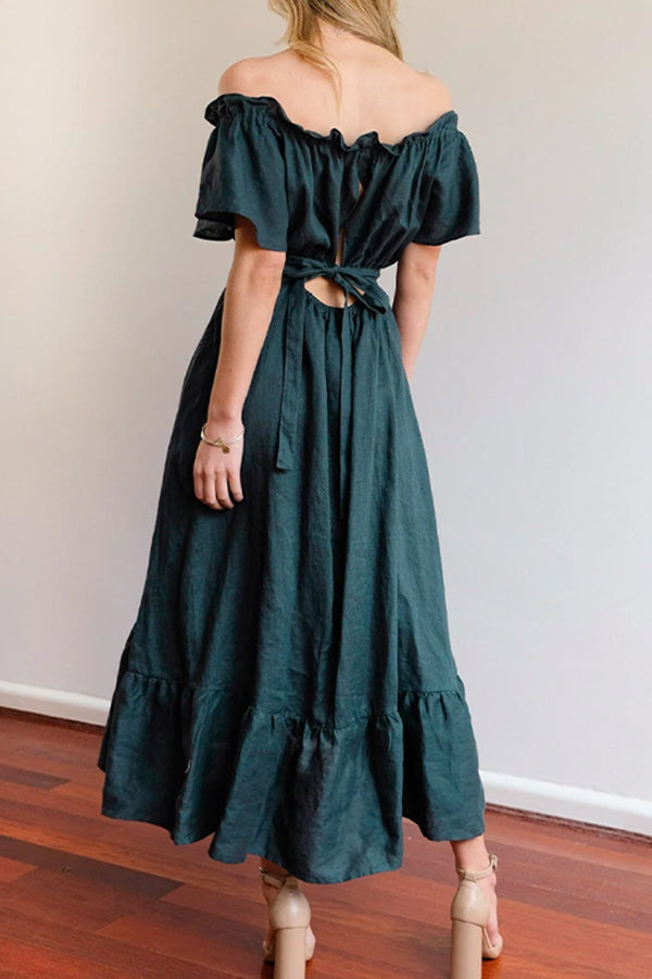 JO | RUCHED HEM OFF-THE-SHOULDER MIDI DRESS