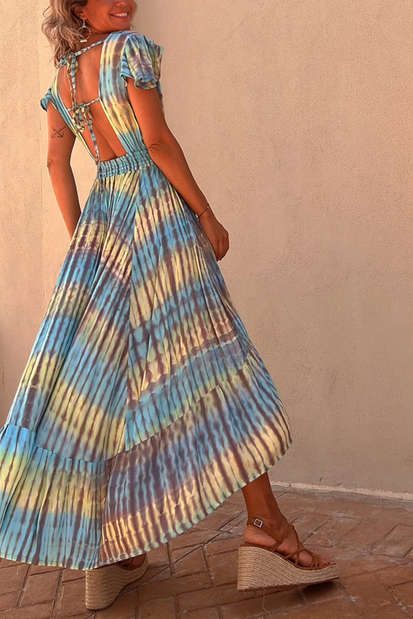 JO | Lorina Tie-dye Print Button Smocked Waist Backless Midi Dress