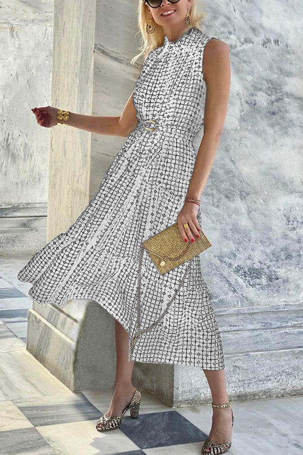 JO | Unique print lapel sleeveless fitted midi dress
